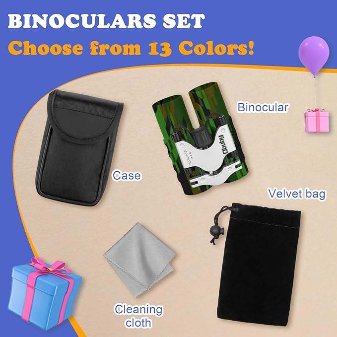 Obuby Real Binoculars for Kids Gifts for 3-12 Years Boys Girls 8x21 High-Resolution Optics Compact Toy Binocular for Bird Watching,Travel, Camping