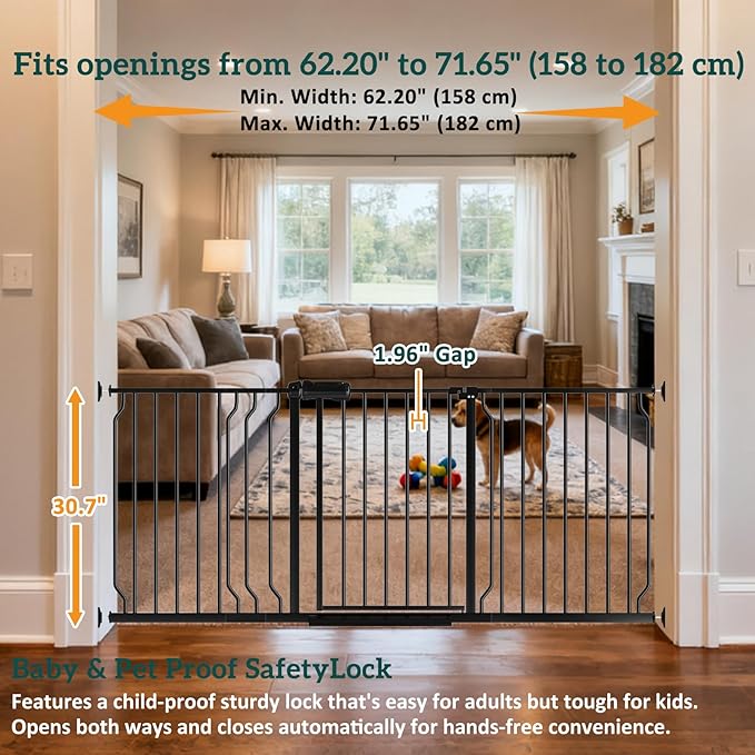 Extra Wide Baby Gates for Doorways 62.20"-71.65" Extra Wide Baby Gate Dog gate Pressure Mounted No Drilling with Walk-Through, Auto-Close & Dual-Direction Swing for Large Wide Opening Black