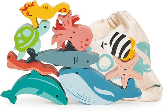 Mentari Toys - Happy Stacking Ocean - 9pc Wooden Stacking Toy for Toddlers - Colorful Sea Themed Balancing Activity Toy with Bag - Boost Fine Motor Skills and Dexterity - Educational Toy - Age 18m+