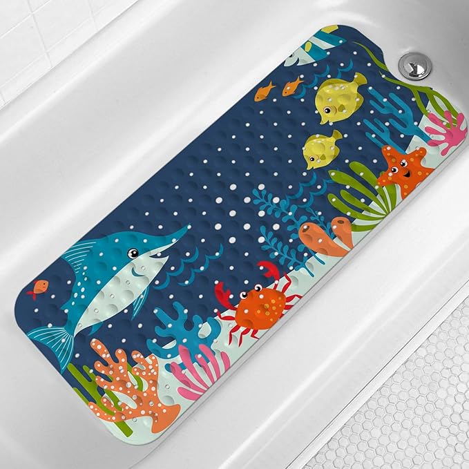LNOND Bath Mat for Tub for Kids, Ocean Sharks Bathtub Mat, Kids Bath Mats for Bathroom Non Slip with Drain Holes and Suction Cups,Machine Washable (40 X 16 Inch)