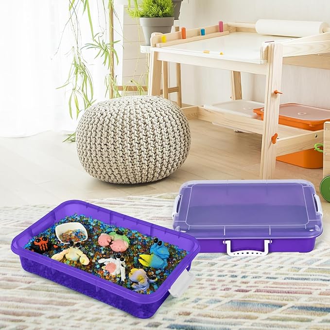 Madzee Plastic Activity Tray with lid for Slime, Beads, Sand and Sensory Toys – 15 Inches (Purple)