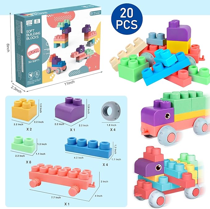 Soft Building Blocks for Toddler, Blocks for Kids 6 Months and up, Large Creative Stacking Blocks 20 PCS STEM Toddler Toys Gifts, Educational Baby Blocks Colorful Soft Block Sets