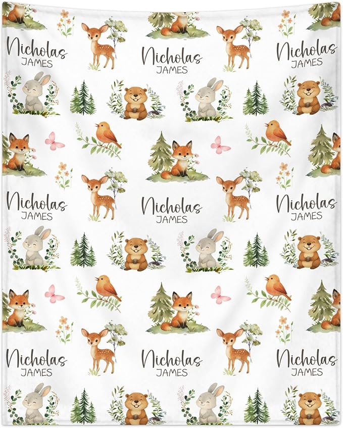Personalized Baby Blanket for Boys Girls Super Soft Cozy Custom Baby Blanket with Name Lovely Woodland Animal Design Bed Throw for Toddler Newborn 30 x 40 Inch Customized Baby Gifts