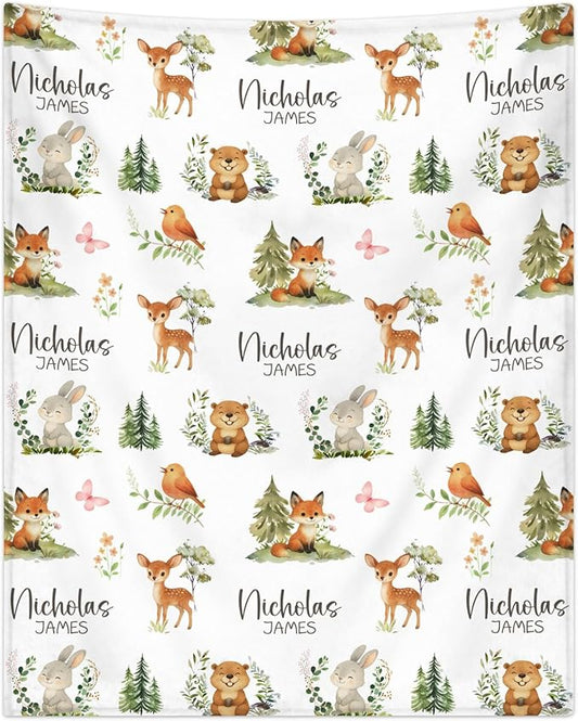 Personalized Baby Blanket for Boys Girls Super Soft Cozy Custom Baby Blanket with Name Lovely Woodland Animal Design Bed Throw for Toddler Newborn 30 x 40 Inch Customized Baby Gifts