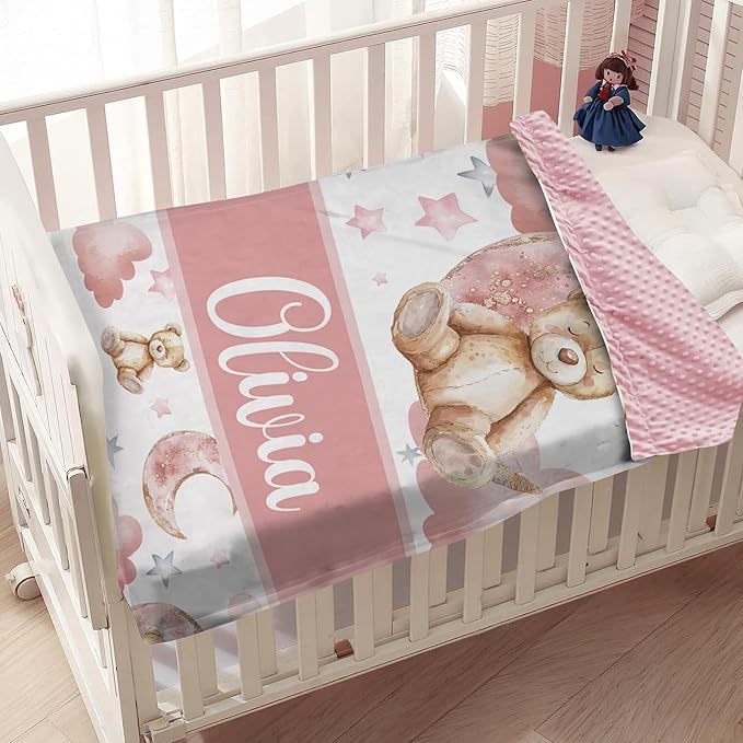Personalized Baby Blanket – Custom Name Blankets for Newborns Boys Girls, Double Layer Dotted Backing, Pink Bear Flannel Receiving Swaddle, Sweet Custom Baby Gifts for Shower Birthday(47"x60")