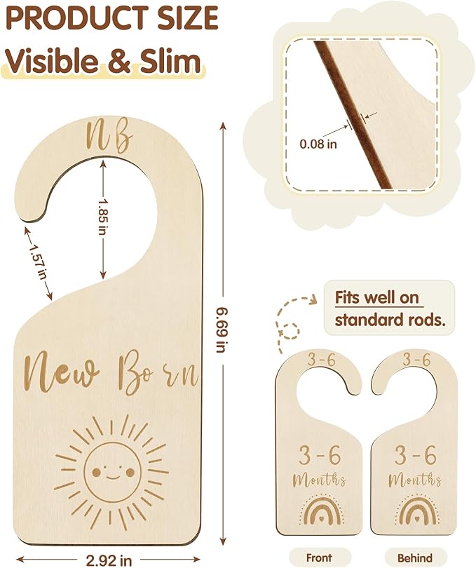 Baby Closet Dividers, Wooden Double Sided Nursery Clothes Size Separators for Newborn to 24 Months, Neutral, 7 Pcs
