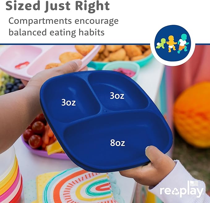 Re-Play Toddler Plates with Dividers - Deep-Walled 3 Compartments Divided Plates for Kids - Dishwasher & Microwave Safe - Made in USA - Set of 3-7.37" x 7.37" x 1.25" - A True Blue