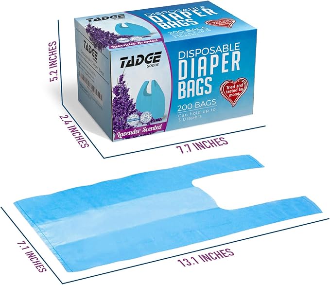 Baby Disposable Diaper Bags Scented with Lavender - Odor Absorber Biodegradable Plastic Diaper Sacks for Trash Bag Essential Items - Bags for Dirty Diapers - Refill 200 Count (Blue)