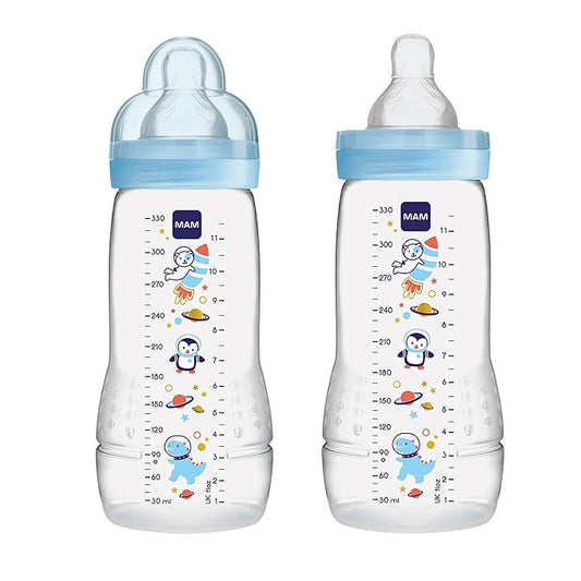 MAM Easy Active Baby Bottles 11oz, Fast Flow Skinsoft Silicone Nipple with Wide Neck Ergonomic Design, Easy to Hold, BPA-Free, Bottles with Leak-Proof Caps for 4+ Months Baby