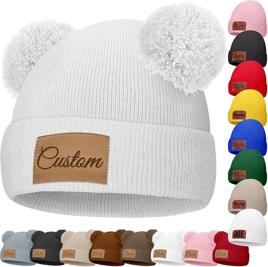 Custom Baby Beanies Personalized Toddler Winter Hats Name Leather Patch Kids Knit Warm Hat for Infant Boys Girls Adult