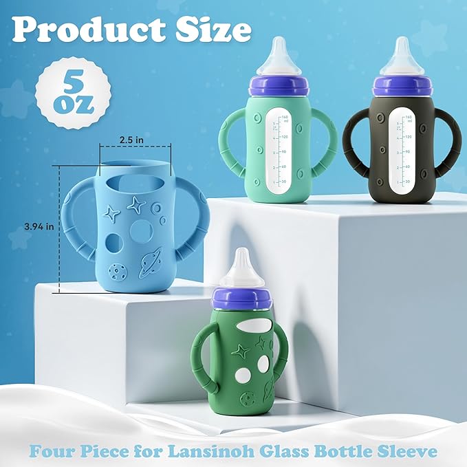 4-Pack Silicone Sleeves for Lansinoh Glass Bottles 5 oz- Starry Sky Design Baby Bottle Holder with Handles,Protectors for Lansinoh Natural Wave Glass Bottles, Anti-Scald Feeding Supplies