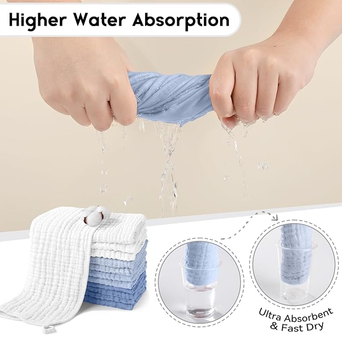 Muslin Burp Cloths for Baby 100% Cotton Burping Cloths for Boys Girls Large 20''X10'' Extra Soft and Absorbent 12 Pack - Gradient White Blue