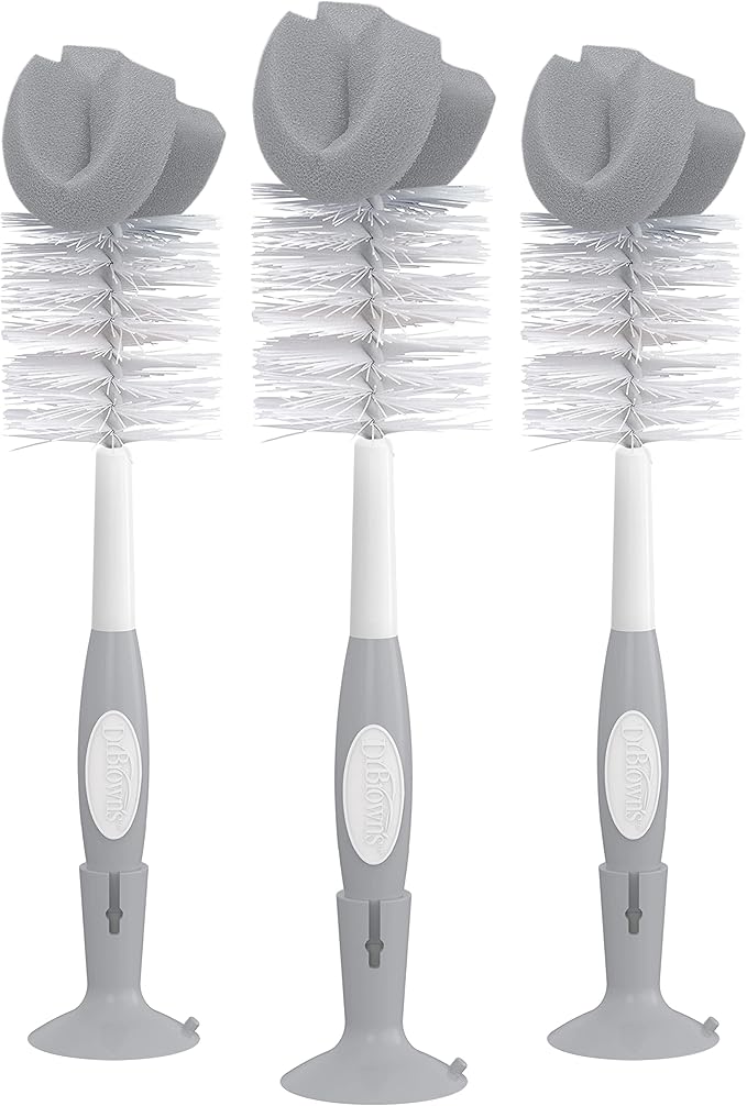 Dr. Brown's Reusable Sponge Baby Bottle Cleaning Brush Set with Suction Cup Stand, Scrubber and Nipple Cleaner, Gray, 3 Pack