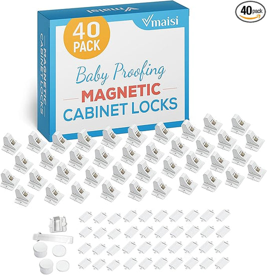 Vmaisi Adhesive Magnetic Locks for Cabinets & Drawers (40 Locks and 4 Keys)