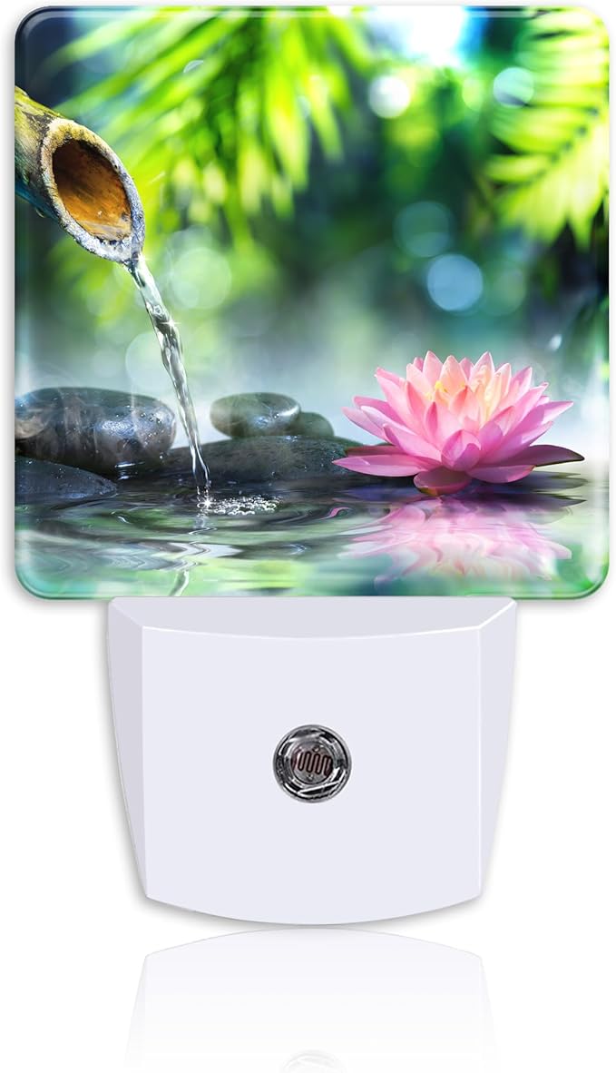 Black Stones and Pink Waterlily Night Light,Bamboo Pool Zen Garden Plug-in Night Light Auto Dusk-to-Dawn Sensor Energy Efficient LED Lamp for Room Decor,Hallway,Kitchen,Bathroom,Nursery,Stairs
