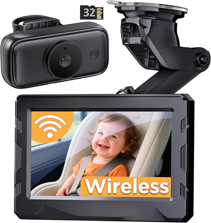 Wireless Baby car Camera - 40 Hours Battery Life& 940mn Night Vision, 4.3'' HD Car Baby Monitor - 1080P Video & 360° Adjustable, Rear Facing Back Seat Camera - Essentials for Newborn Families