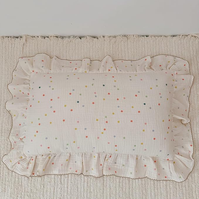 BuLuTu Kids Toddler Pillowcases Muslin Cotton Toddler Pillow Cases Colorful Dots Pattern, Girls Boys Bedding Pillow Covers, Soft Breathable Pillow Protector Envelope Closure,1 Piece,14"x20"