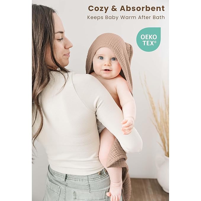 Konssy 2-Pack Muslin Hooded Baby Towels, 100% Cotton, Ultra-Soft & Absorbent Baby Bath Towels with Hood for Newborn & Infant (Cream, Camel,32" x 32")