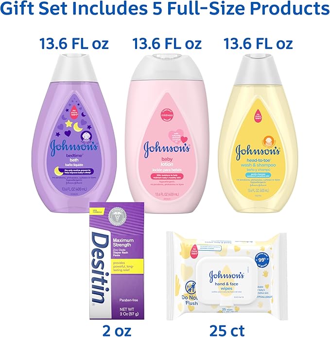 Johnson's Baby Here Comes Baby Gift Set, Baby Essentials for New Parents with Moisturizing Lotion, Bedtime Bath, Body Wash & Shampoo, Hand & Face Wipes, & Diaper Rash Cream, 5 Items