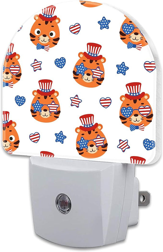 American Flag and Cute Tigers Night Light Plug into Wall, Cartoon Animals Patriotic Dusk to Dawn Night Light,0.5w Energy Saving Sleep Friendly Nightlights for Kids Boys Girls Home