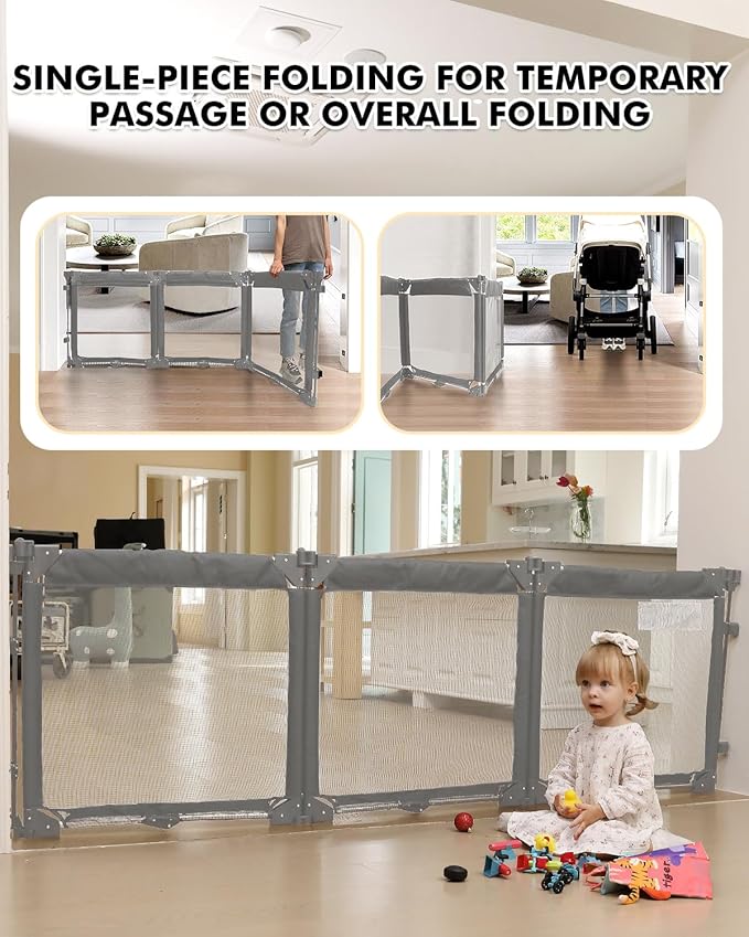 Extra Wide Baby Gate Playpen with Heat-Resistant Mesh,6 Panel Foldable Baby Fence,Indoor/Outdoor Safety Barrier,Dog Playpen & Fireplace Gate Gray