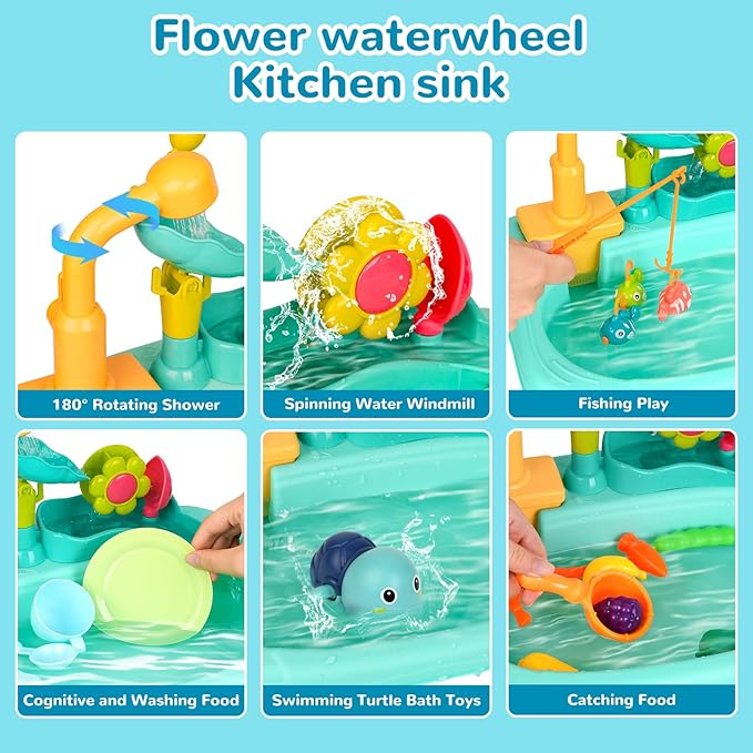 Kids Play Sink with Running Water, Mini Water Table, Water Toys, Upgraded Faucet and Play Dishes, Children Electric Dishwasher Playing Toy, Kitchen Sensory Toy Sets for Girls and Boys