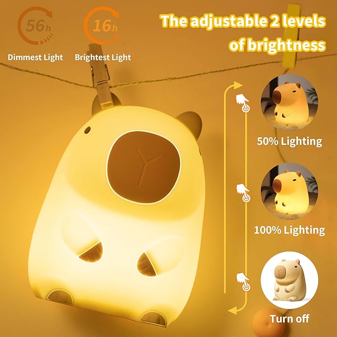 Capybara Night Light,Cute Silicone Squishy LED Animal Lamp,Dimmable Nursery Nightlight,Rechargeable Bedside Table Lamp with Touch Control,Xmas Birthday Gifts for Toddler,Breastfeeding