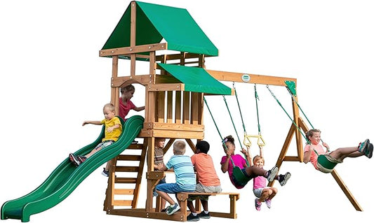 Backyard Discovery Belmont Cedar Wood Swing Set with Wave Slide, Play Deck, Rock Wall Ladder, Snack Bar Window, Shaded Picnic Area, Bench, Belt Swings, Trapeze, Sandbox Area, Canopy, Outdoor Playset