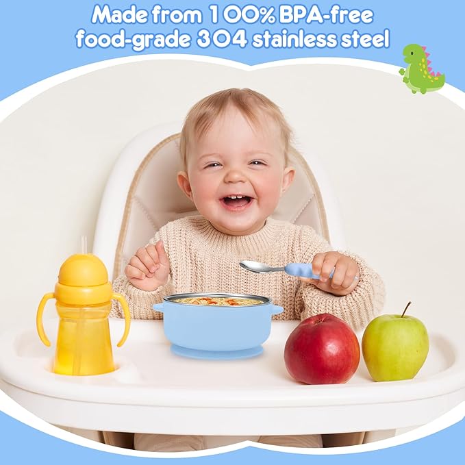 2 Pack Stainless Steel Baby Bowls with Removable Non-Slip Silicone Suction Shell, Anti Scald Food Container for Baby Food Feeding-Skyblue & Red