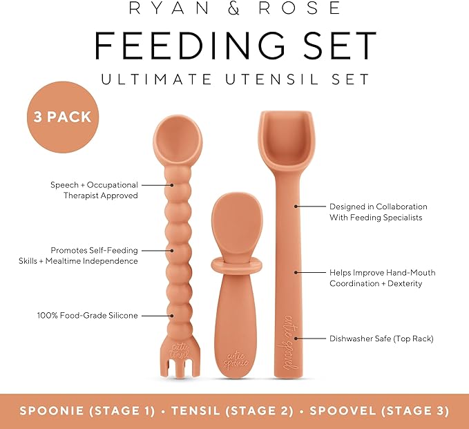 Ryan & Rose Ultimate Baby Utensil Set of 3 Silicone Baby Spoons Silicone feeding set for baby led weaning, self feeding 6 months, toddler utensils (Terracotta)