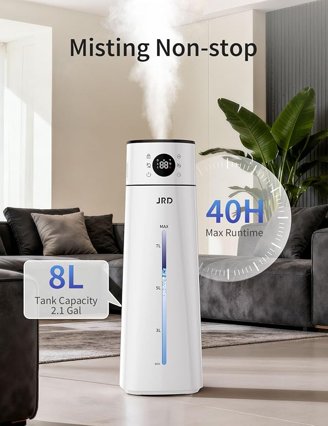 JRD Humidifier Large Room 8L/ 2.1Gal, Ultrasonic Cool Mist for Bedroom, Quiet Humidifier with Remote Control, 10 Mist Modes, 24H Timer, AI Mode for Baby Home Office Adults Plants