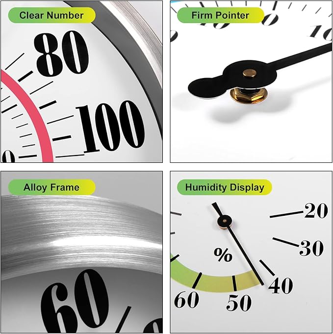 12" Outdoor Thermometer Large Numbers - Decorative Outdoor Thermometers for Patio, Wall Thermometer Hygrometer with Stainless Steel Enclosure, Battery Free Indoor Outdoor Thermometer Hanging