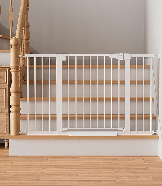 Cumbor 29.7"–51.5" Extra Wide Baby Gate for Stairs, Pressure-Mounted Dog Gates for Doorways & Hallways, Auto-Close Walk-Through, No-Trip Design, Child Proof Safety, Dog/Pet Gate for Indoor Use, White