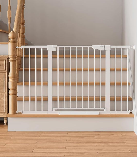 Cumbor 29.7"–51.5" Extra Wide Baby Gate for Stairs, Pressure-Mounted Dog Gates for Doorways & Hallways, Auto-Close Walk-Through, No-Trip Design, Child Proof Safety, Dog/Pet Gate for Indoor Use, White