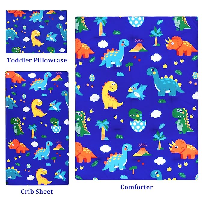 Cloele Crib Bedding Set for Boys Girls- 3 Piece Dinosaur Baby Bedding Set Soft Comforter Bed Set Includes Toddler Pillowcase Crib Sheet Baby Quilt - Nursery Bedding Set for Boys-Colorful Dinosaur