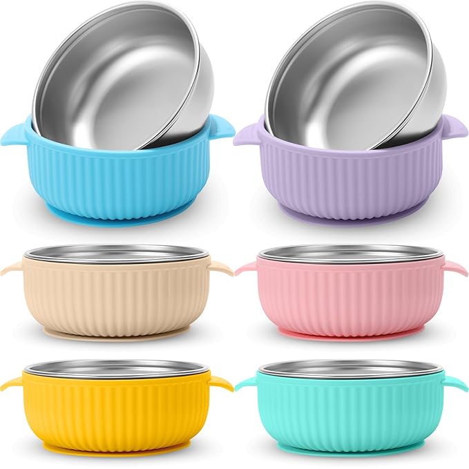 Nuogo 6 Pcs Stainless Steel Baby Bowls with Removable Silicone Shell 304 Toddler Bowls Kids Anti Scald Snack Container for Food Feeding, Dishwasher Safe(Multicolor,Suction-c)