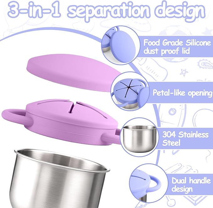 2-Pack Stainless Steel Snack Containers for Kids with Spill-Proof Silicone Lids & Handles - 3-in-1 Baby Snack Cups, No-Spill Toddler Snack Box, Perfect for On-the-Go Healthy Eating（Blue+Purple）