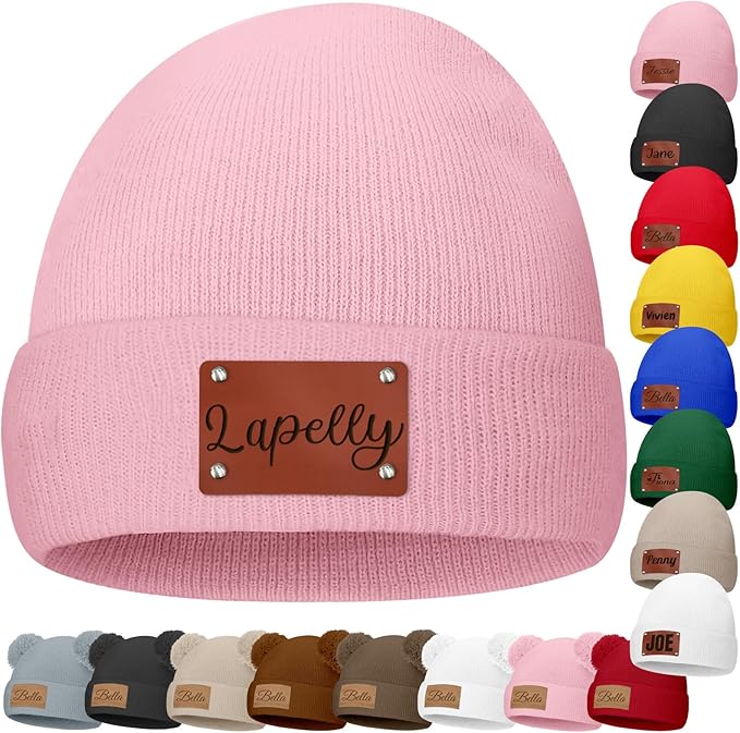 Custom Baby Beanies Personalized Toddler Winter Hats Name Leather Patch Kids Knit Warm Hat for Infant Boys Girls Adult