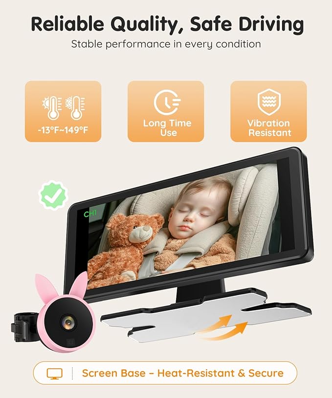 Babyvue BV3PRO 7.2" 1080P HD Dual Camera Car Baby Monitor for 2 Kids, IR Night Vision, Easy Installation, Brightness Adjustment, Car Seat Camera, Ideal Gift for Girls and Pets Monitoring