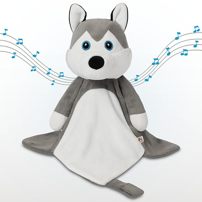 Love By Emi Baby Music Lovey Grey & White Husky, Baby Sleep Soother for Crib & Cuddle Bedtime, White Noise with Heartbeat & Lullaby, Plush Sound Toy, Stuffed Animal for Newborns, Infants & Toddlers