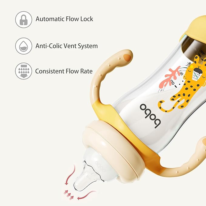 YOHKOH Natural Glass Baby Bottle with Natural Response Nipple, Wide Neck Baby Bottles with Handle, Newborn Anti-Colic Baby Bottles Gift Set, Clear (8.8oz (Pack of 4), Yellow)