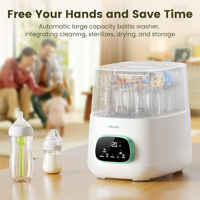 MOLWAY【Upgraded】Baby Bottle Washer, Sterilizer and Dryer, All-in-One Pro Cleaning Machine for Bottles, Pump Parts & Baby Essentials, Effortless Care, Replaces Hand Washing