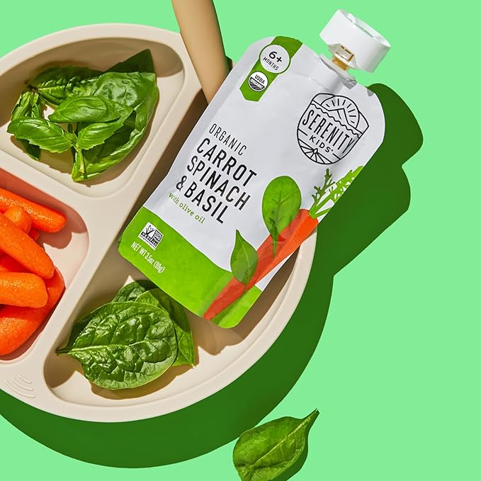Serenity Kids 6+ Months Veggie Puree Baby Food Pouches - Carrot, Spinach & Basil - USDA Organic Baby Food & Allergen Free - No Added Sugar & BPA Free - 3.5 Oz, 12 Pack