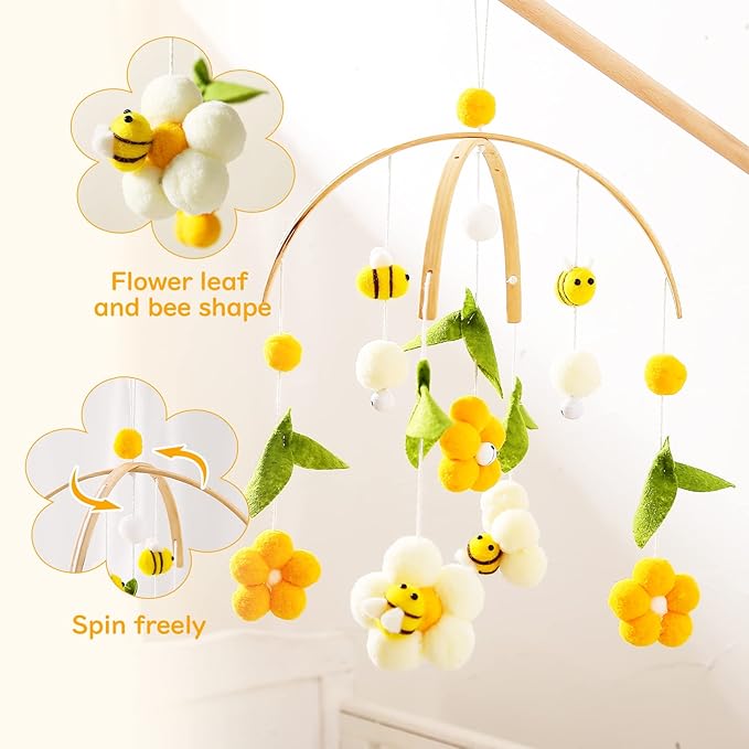 OESSUF Baby Mobile for Crib Crib Nursery Mobile for Boys Girls Boho Bee Flower Nursery Decor Soothe Toy Baby Shower Set for Infant Bedroom Hanging Decoration Toy(Bee)