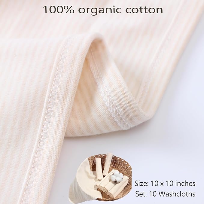 10-Pack Organic Baby Washcloths - Ultra Soft Organic Cotton Reusable Towels, Gentle for Newborn Sensitive Skin, Perfect for Baby Towels, Feeding & Travel Care (Multicolor)