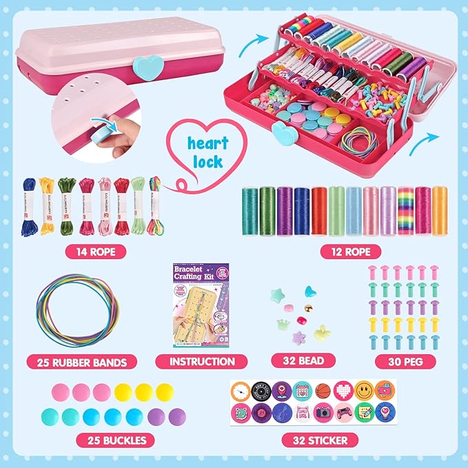 Friendship Bracelet Making Kit with Storage Box,DIY String Bracelet Arts and Craft for Girls Aged 8-12,Kids' Travel Activity Toy Set,Easter Birthday Gifts for Ages 6 7 8 9 10 11 12 Year Old Red