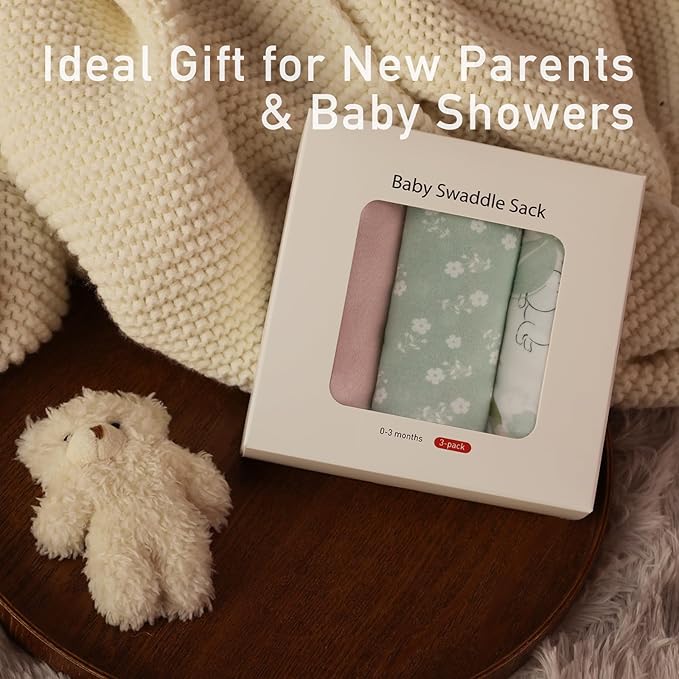 Baby Swaddle Sacks, 3-Pack Newborn Organic Cotton Swaddle Wrap, Adjustable Swaddling Blankets, Nursery Swaddling Essentials for Newborn 0-3 Months, Infant Shower Items Gift (Flowers & Rabbits)