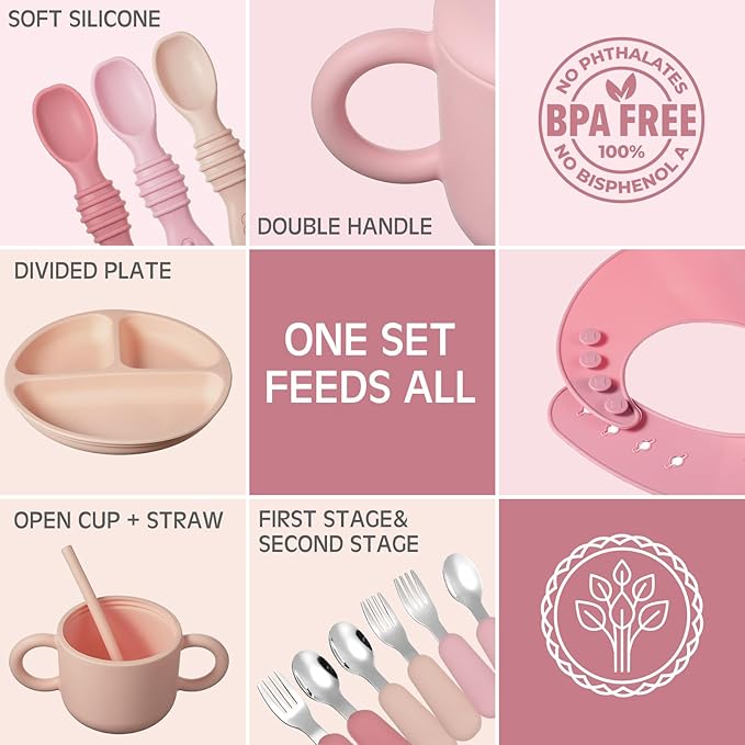 Yinder 24 Pack Silicone Baby Feeding Set Baby LED Weaning Supplies Includes Suction Divided Plates Soft Bowl Spoons Forks Adjustable Bib Snack Cup and Straws(Dark Pink, Dusty Pink, Peach Color)