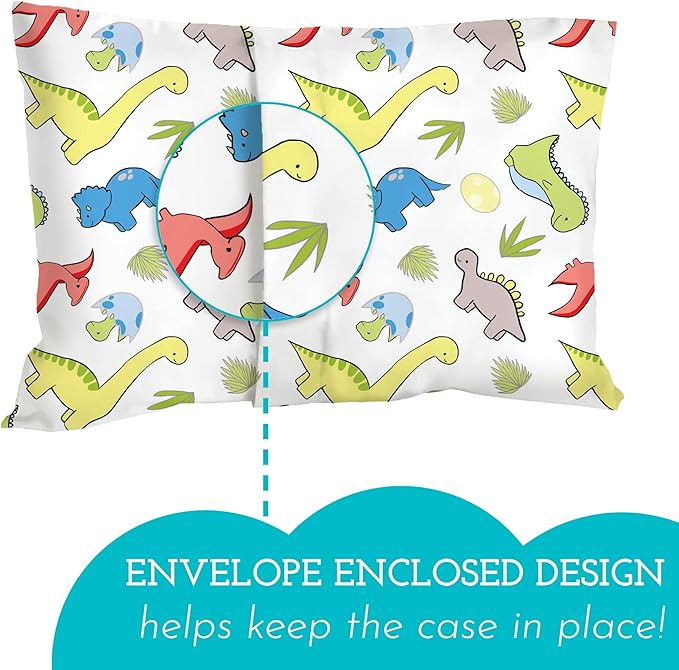 Little Sleepy Head Toddler Pillow with Pillowcase 13x18 - Kids Pillow for Sleeping - Better Neck Support Ergonomic Pillow and Toddler Pillowcase - Best Pillows for Kids (Dinosaurs White)