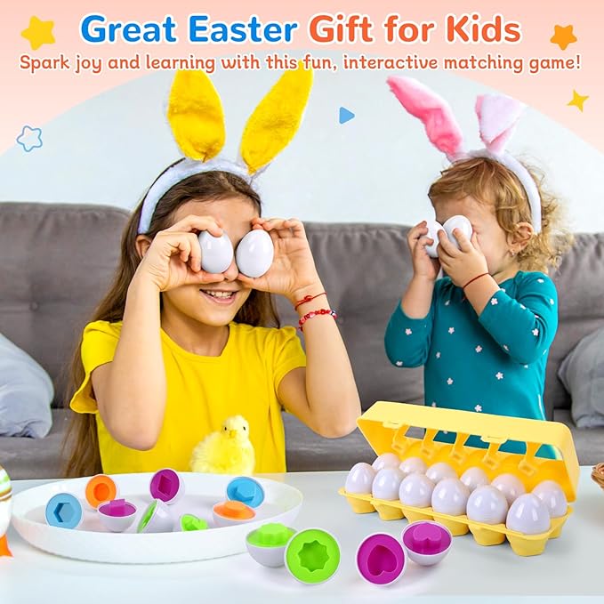 USATDD Matching Eggs for Toddlers Montessori Color & Shape Recognition Toy, Fine Motor Skills Shape Sorter Puzzle, Educational Montessori for Kids,12pcs Eggs Toy